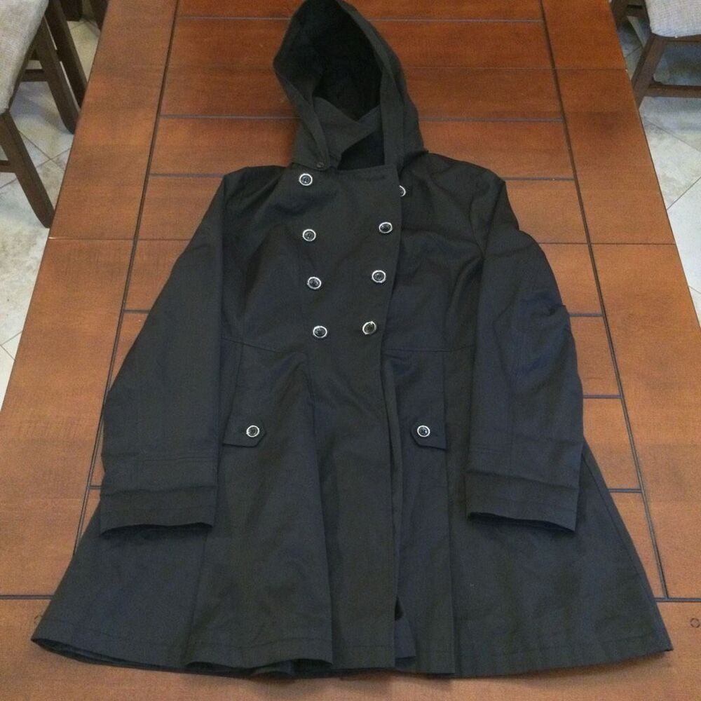 Via Spiga Hooded Trench Coat Black Flare Swing Jacket Plus Size XXL
